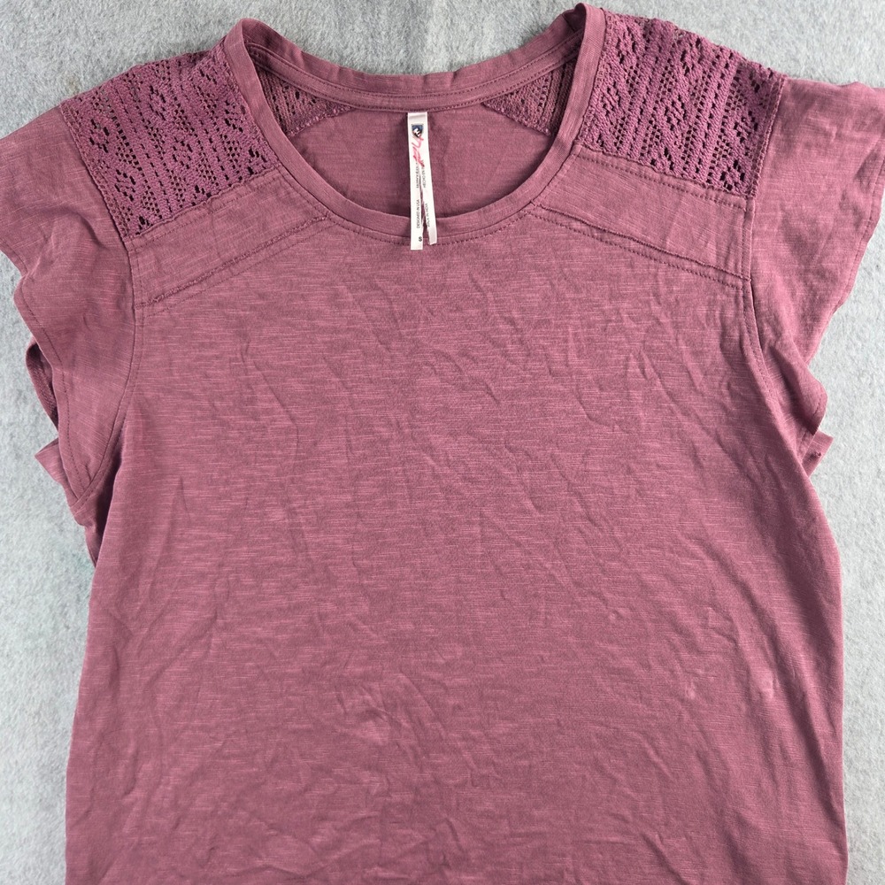 Kuhl Crochet Lace Shoulder Top Womens S Berry Purple Boho Slub Cap Sleeve